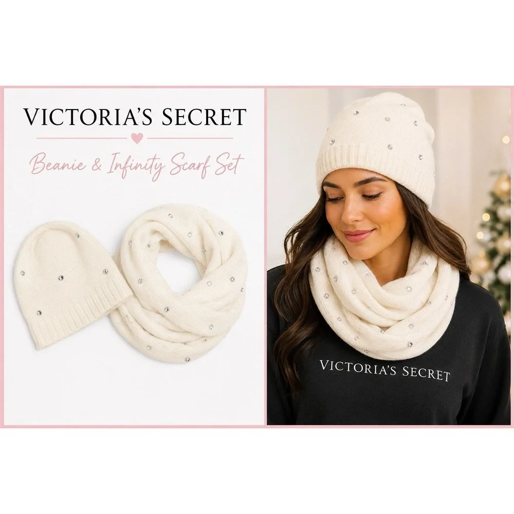 Victoria's Secret Ivory Rhinestone Beanie & Infinity Scarf Set OSFM Winter